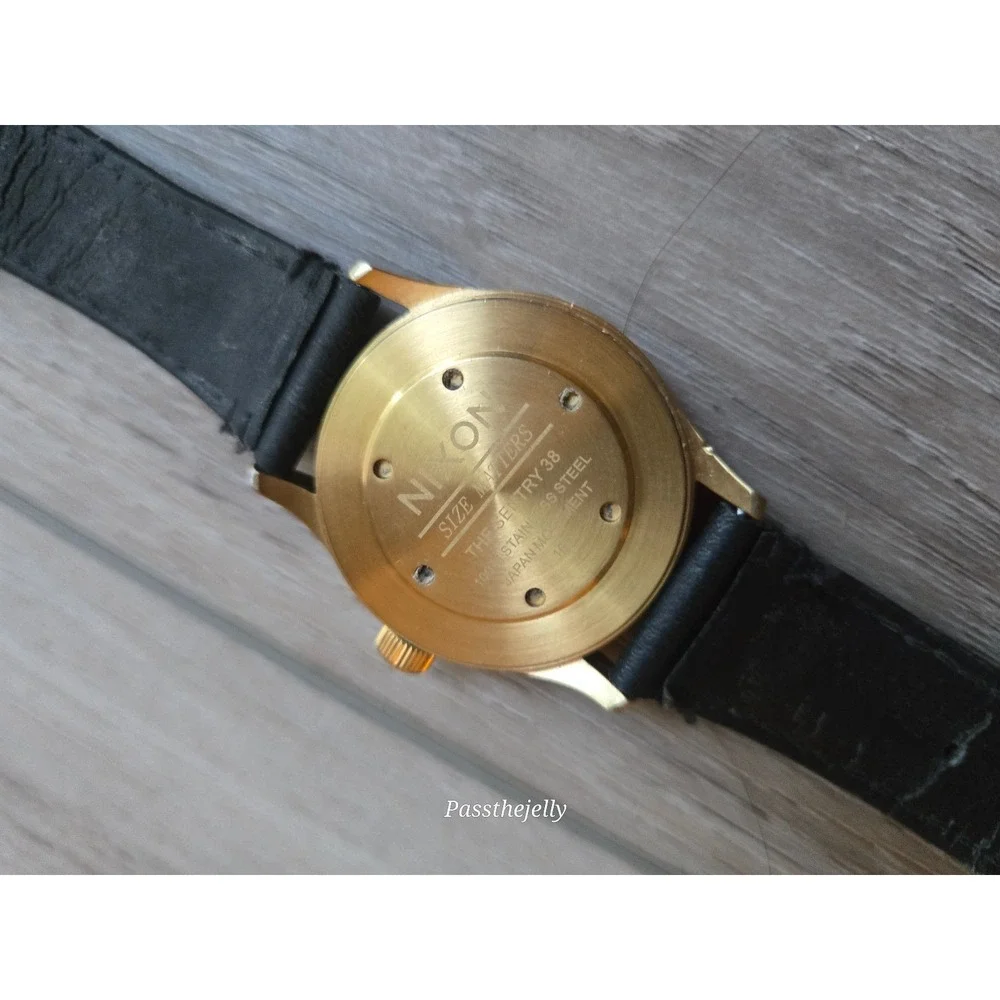 Nixon Sentry 38 Watch Mens Gold Tone Gold Dial Black Leather Minimalist Dress